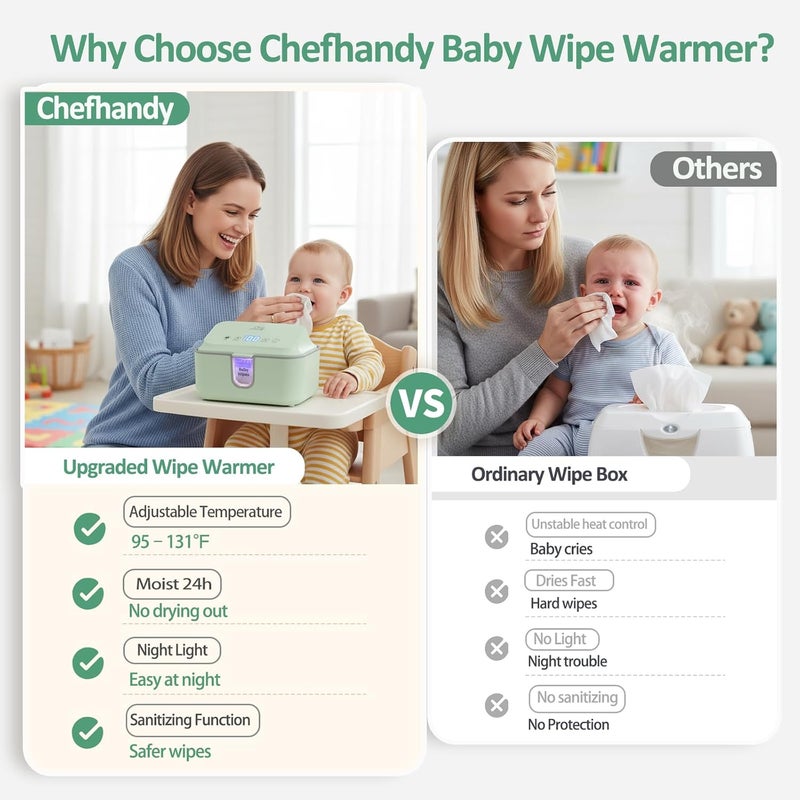 chefhandy Baby Wipe Warmer, Wipe Warmer and Baby Wet Wipes Dispenser with UV Light Sanitizer,Baby Wipes Warmer for Babies,3 Heat Modes,Night Light,Heating Silence,Large Capacity Wipes Warmer (Green) - Image 4